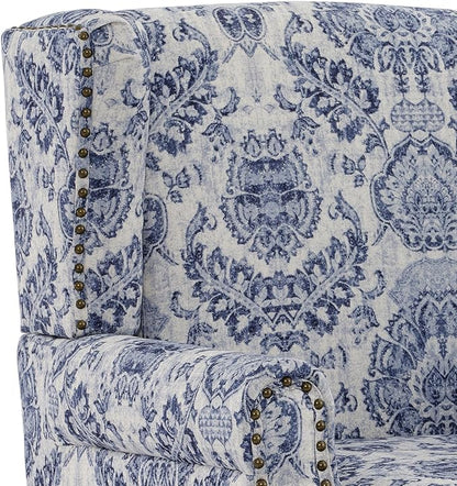 UIXE High Back Floral Accent Chair, Fabric Upholstered Armchair for Living Room, Retro Wingback Arm Chair with Solid Wood Legs, Nailhead Trim Single Sofa Bedroom Reading Seat - Navy Blue