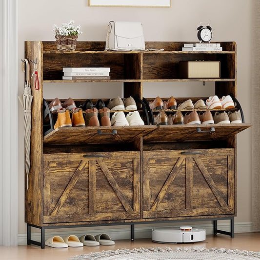 Shoe Cabinet Storage for Entryway, Shoe Storage Cabinet with 4 Flip Drawers, Freestanding Narrow Shoe Rack Organizer with Metal Legs, Adjustable Shelves & Open Storage for Foyer, Hallway, Brown