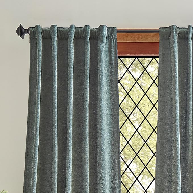 Martha Stewart Naples Chenille Solid Back Tab Window Curtain Panel Pair, 84", Olive Green