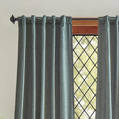 Martha Stewart Naples Chenille Solid Back Tab Window Curtain Panel Pair, 84", Olive Green