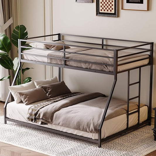 Bellemave Twin Over Full Bunk Bed Frame with Convertible Ladder, Heavy Buty Floor Bunk Bed Twin Over Full Bunk Beds with Full Length Guardrail, Black