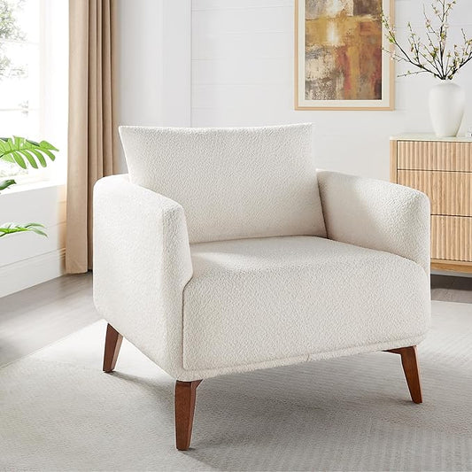 VANOMi Oversized Accent Chair Modern Boucle Armchair for Living Room Sets of 2, 37" Wide & Cozy Reading Chair with Solid Wood Legs, White Upholstered Lounge for Bedroom & Office, (Easy Assembly)