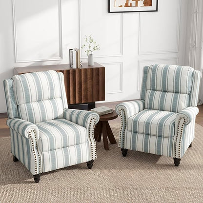 UIXE Pushback Recliner Chairs Set of 2, Fabric Armchair Push Back Accent Chair, Rivet Trim Club Chair Home Theater Overstuffed Single Sofa Reading Seat for Living Room, Stripe Blue
