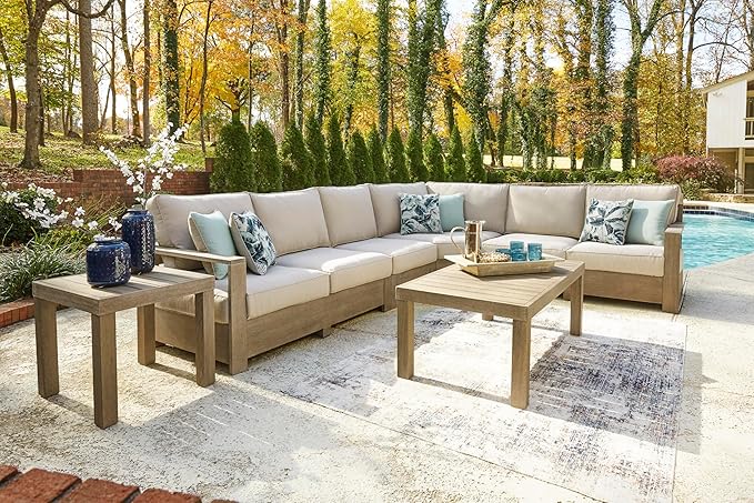 Signature Design by Ashley Silo Point Casual Outdoor Square Patio End Table with Slatted Styling, Multi-Step Finish, Eucalyptus Wood, 20.5" High, Brown