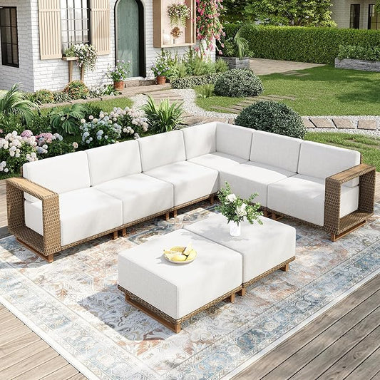 8 Pieces Outdoor Patio Furniture Set, Wicker Rattan Modular Sofa Couch, Sectional Patio Conversation Set with 10" Extra Thick Cushions for Deck Backyard Lawn