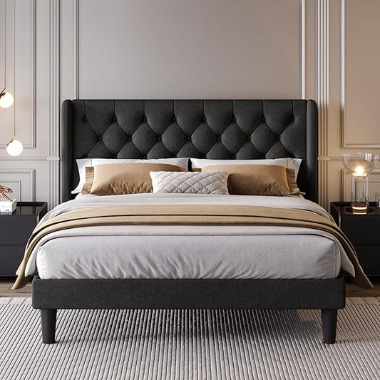 SHA CERLIN Full Size Platform Bed Frame with Upholstered Headboard and Wingback, Button Tufted Design, Easy Assembly, No Box Spring Needed, Black