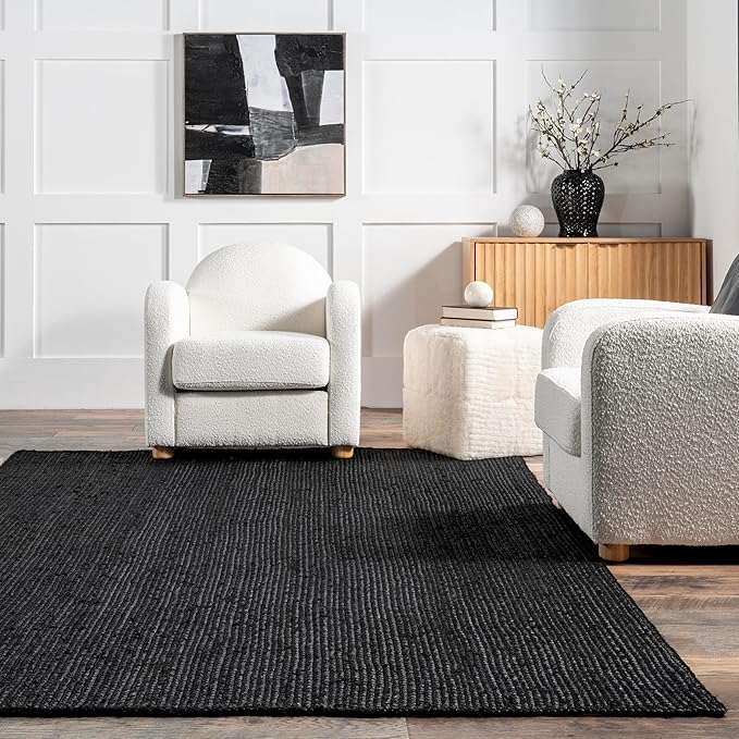 nuLOOM 2x8 Rigo Jute Hand Woven Area Rug, Black, Solid Farmhouse Design, Natural Fiber, For Bedroom, Living Room, Dining Room, Hallway, Office, Kitchen, Entryway
