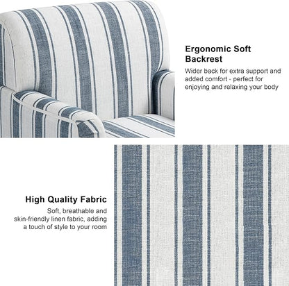 Accent Chair, Mid Century Modern Comfy Armchair for Living Room, Linen Fabric Single Sofa Lounge for Reading Bedroom Apartment Waiting Room with Wood Legs (Dark Blue Stripe, Set of 2)