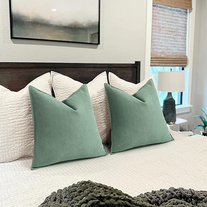 ZWJD Dusty Green Pillow Covers 16x16 Set of 2 Chenille Throw Pillow Covers with Elegant Design Soft and Luxurious Decorative Throw Pillows for Couch, Bed, and Home Decor