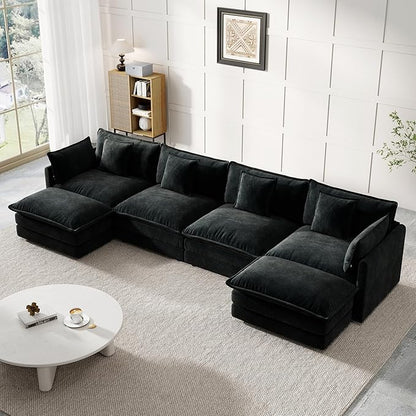 Modular Sectional Sofa, 146.5 Inch U-Shaped Cloud Sofa with Deep Seat Chenille Sofa with Cushions, Four Seater Sectional Sofa for Living Room Apartment,Black