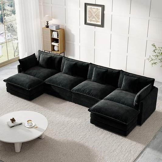Modular Sectional Sofa, 146.5 Inch U-Shaped Cloud Sofa with Deep Seat Chenille Sofa with Cushions, Four Seater Sectional Sofa for Living Room Apartment,Black