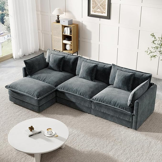 Modular Sectional Sofa, 111.5 Inch L-Shaped Cloud Sofa with Deep Seat Chenille Sofa with Cushions, Three-Self Sectional Sofa for Living Room Apartment,Gray