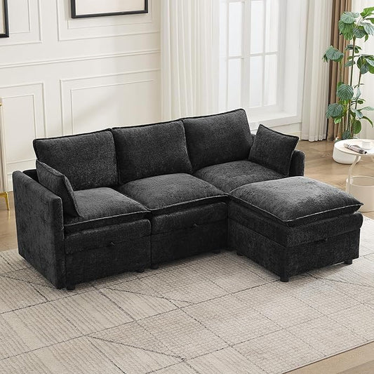 80" Cloud Modular 3 Seater Sofa with Storage Ottoman, Modern Upholstered Storage Sofa Couch Deep Seat, L Shape Sectional Sofa Chenille Comfy Couch with Armrests for Living Room, Small Space, Black
