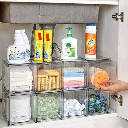 Vtopmart 6 pack Stackable Storage Drawers, 6.6''Tall Acrylic Bathroom Makeup Organizers,Clear Plastic Drawers For Vanity, Undersink, Kitchen Cabinet,Pantry Organization and Storage
