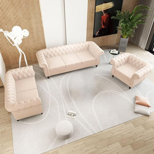 Velvet Sofa Couches Set, 3-Piece Mid Century Modern Upholstered Couch with Cushions, Home Sofa Sectional Furniture Sets, Comfy Tufted Chesterfield Couches for Living Room, Bedroom, Office