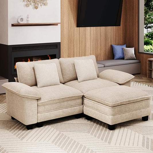 87-Inch L Shaped Sectional Sofa with Cloud Cushions, Deep Seat Modular Couch Set w/ 3 Seats & 1 Ottomans, Removable Arms, Plush Chenille Upholstery for Living Room, Apartment - Beige