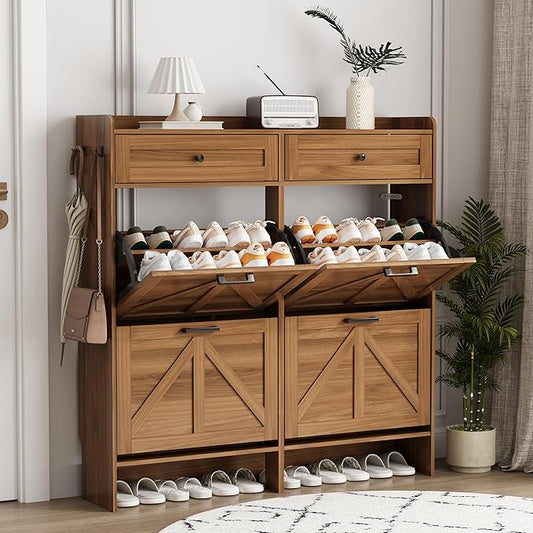 Shoe Cabinet with 4 Flip Drawers & 2 Top Drawers, 43" Tall Freestanding Narrow Wooden Shoe Storage Organizer for Entryway, Hidden Slim Shoe Rack for Front Door Entrance, Hallway, Living Room, Walnut