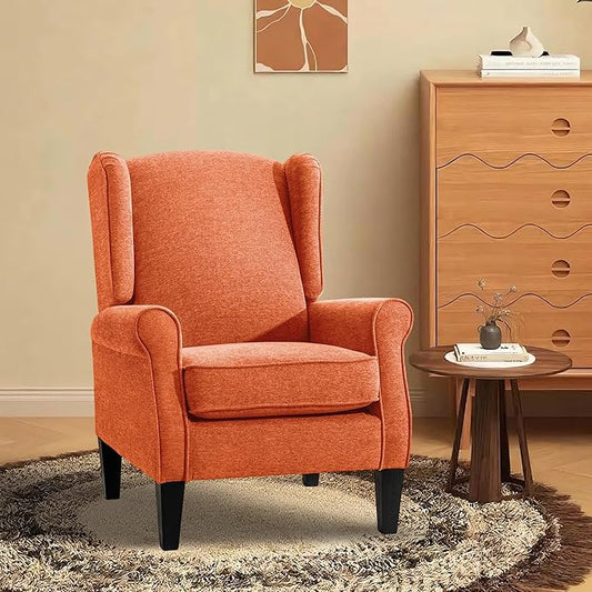 Accent Chair for Living Room, Vintage Orange Fabric Bedroom Corner Seats, Elegant English Armchairs with High Back, Modern Living Room Reading Wing Chair, Sillones para Sala