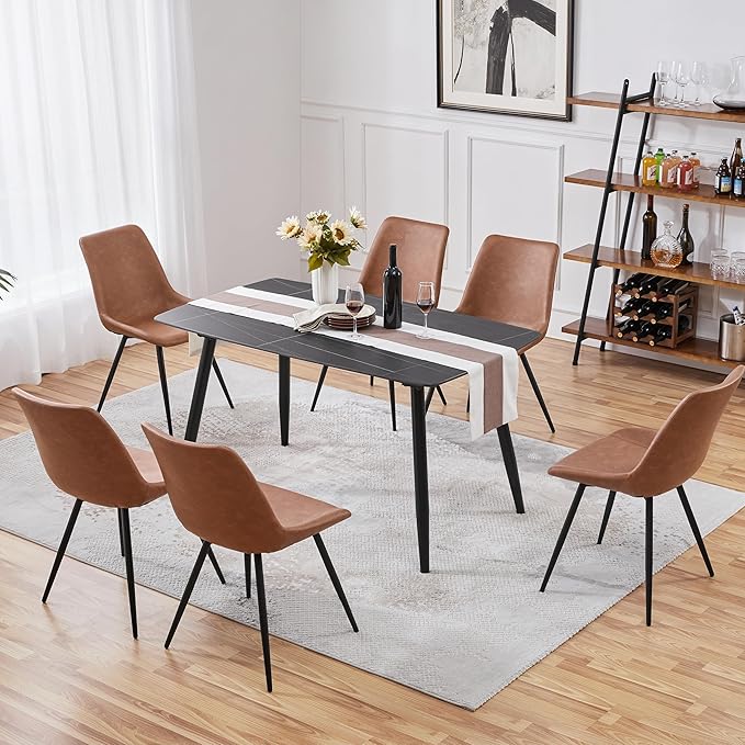 Yaheetech Dining Room Chairs Set of 6 Mid Century Modern Kitchen Chairs with Upholstered Faux Leather and Metal Legs for Dining Room, Living Room, Brown
