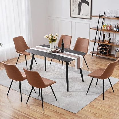 Yaheetech Dining Room Chairs Set of 6 Mid Century Modern Kitchen Chairs with Upholstered Faux Leather and Metal Legs for Dining Room, Living Room, Brown