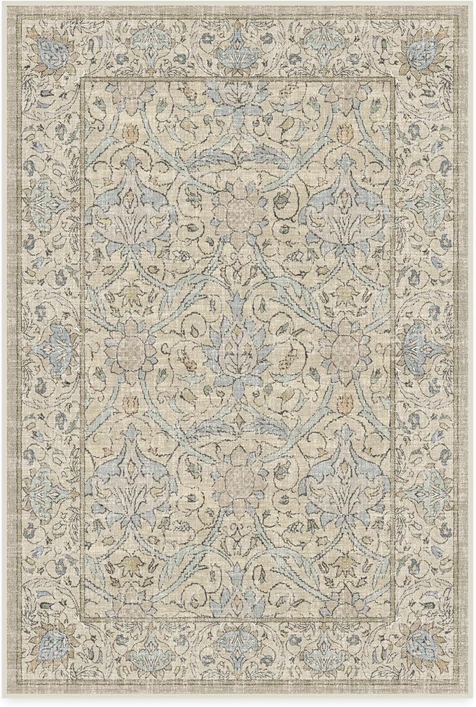 RUGGABLE x Morris & Co Washable Area Rug – Montreal Natural Blue 4x6, Stain-Resistant, Non-Slip – Medium Machine Washable Rugs for Living Room, Bedroom, Hallway, Entryway & Office–with Cushioned Pad