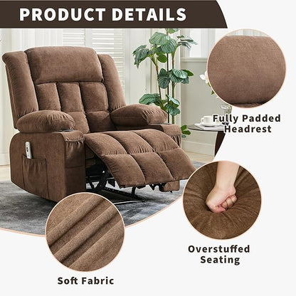 Rocking Recliner Chair with Heat and Massage, Nursery Recliner 360° Swivel Oversized Chairs for Adults, Lazy Boy Single Sofa Seat with 3 Positions, 2 Side Pockets, Cup Holders, and USB Ports, Brown