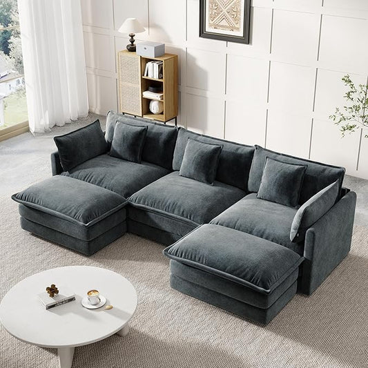 Modular Sectional Sofa, U-Shaped Cloud Sofa with Deep Seat, 111.5 Inch Chenille Sofa with Movable Ottoman, 3-Self Sectional Sofa for Living Room Apartment, Gray