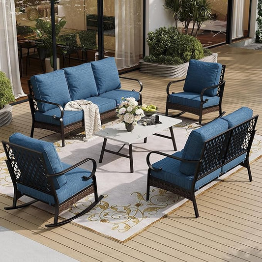 5 Piece Metal Outdoor Patio Furniture Set, Patio Conversation Sets 3-Seater Sofa, 2-Seater Sofa, 2 Rocking Chair with 5.75" Thick Cushion & Coffee Table Backyard Furniture, Blue-2