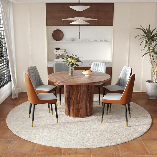 Round Dining Table Set for 6 with Two Storage, 47" Round Dining Table with 6 PU Leather Chairs, 7 Piece Kitchen Table Chairs Set of 6 with 1.7” Thick Wood Top, Roman Column Pedestal, Space-Saving