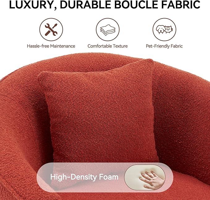 Swivel Accent Chair Set of 2, Modern Upholstered Boucle Barrel Arm Chairs with Pillow for Living Room, 360 Degree Round Swivel Sherpa Armchair with Round Base for Bedroom Club (2, Orange)