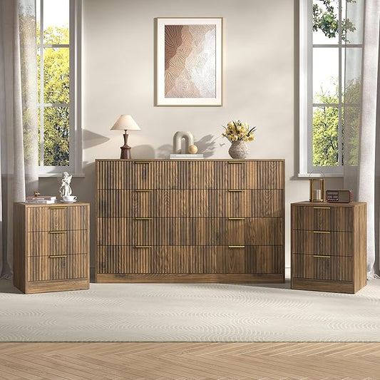 3-Piece Modern Bedroom Furniture Set, Wide 8-Drawer Dresser & 3-Drawer Nightstands Set of 2, Natural Wood Dresser and Nightstand Sets for Bedroom, Hallway, Walnut