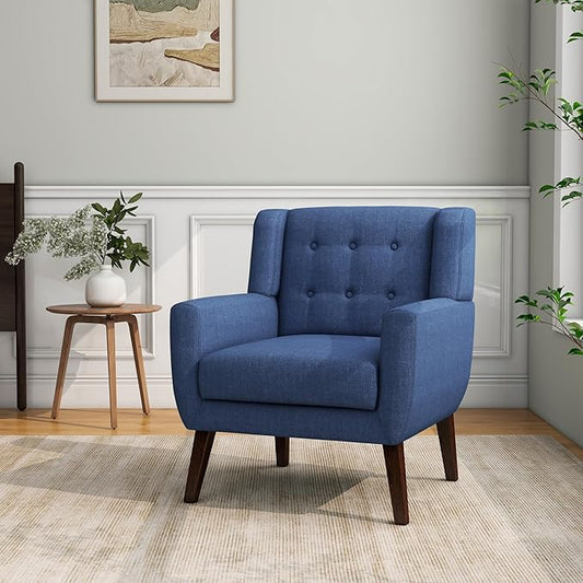 Accent Chair, Mid-Century Modern Fabric Chairs with Arms for Living Room, Comfy Upholstered Club Single Sofa Armchair for Bedroom Waiting Room with Solid Wood Frame (Fabric Navy Blue, Set of 1)