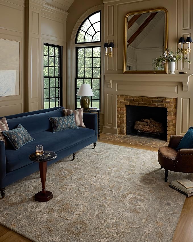 Loloi Chris Loves Julia Dorothea Collection DRT-01 Stone/Multi 5'-0" x 7'-6" Area Rug Wool Neutral Floral Living Room Bedroom Carpet