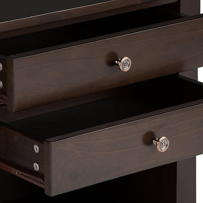 SIMPLIHOME Carlton Bedside Table - 24 inch Wide Solid Wood Nightstand Table in Dark Tobacco Brown, Transitional Bedroom Side or End Table with 2 Drawers, Open Storage Shelf and Bronze Hardware