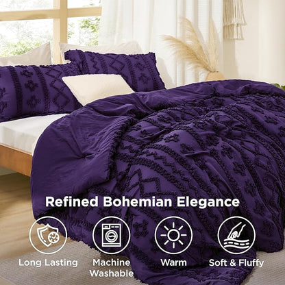 Bedsure Tufted Boho Comforter Set King Size - Purple Boho Bed Set, GentleSoft™ 3 Pieces Farmhouse Shabby Chic Embroidery Bedding, Gifts for Woman, Soft Jacquard King Comforter for All Seasons