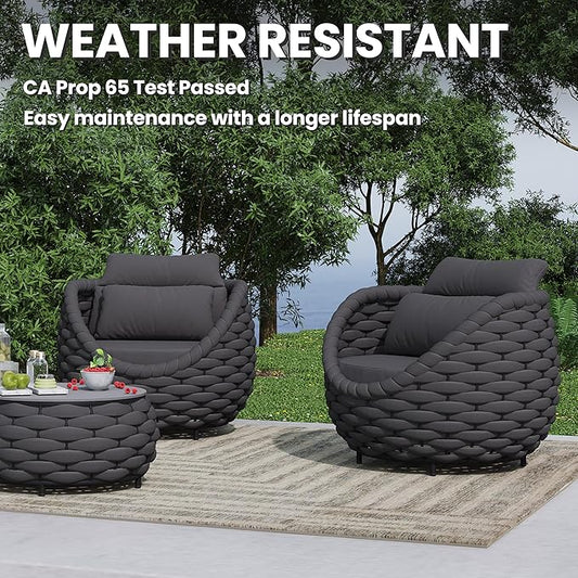 Deck Furniture Set: 3 Pieces Aluminum Woven Rope Patio Conversation Sofa Set for 2, Comfy Cushions Couch Armchair Table Set Assembled, 400lbs for Porch Balcony Pool Bistro Yard Hotel - Dark Gray