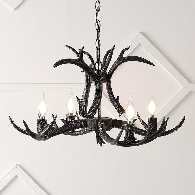 JONATHAN Y JYL6301D Eldora 26" Adjustable Resin Antler 4-Light LED Chandelier, Black for Living Room, Dining Room