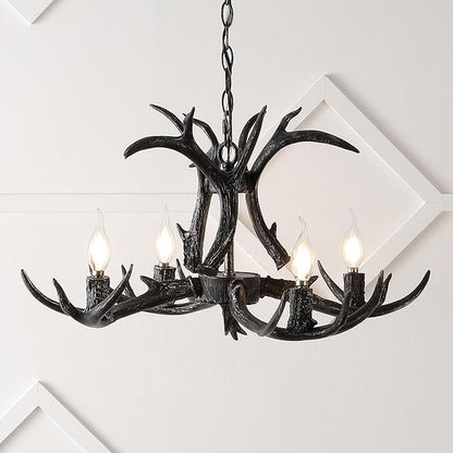JONATHAN Y JYL6301D Eldora 26" Adjustable Resin Antler 4-Light LED Chandelier, Black for Living Room, Dining Room