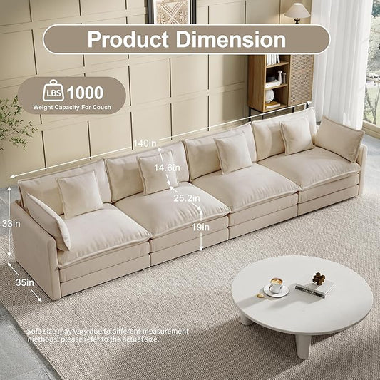 Modular Sectional Sofa, 146.5 Inch I-Shaped Cloud Sofa with Deep Seat Chenille Sofa with Cushions, Four Seater Sectional Sofa for Living Room Apartment,Light Coffee