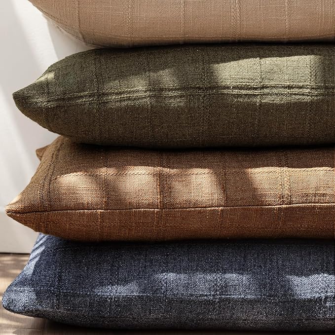 Foindtower Set of 2 Decorative Linen Check Throw Pillow Covers Neutral Farmhouse Vintage Cushion Covers Modern Boho Home Decor for Sofa Chair Couch Bedroom Living Room,24×24 Inch,Brick