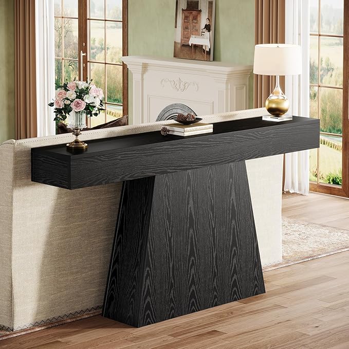 Tribesigns 63" Black Console Table, Farmhouse Entryway Table with Trapezoidal Base, Narrow Long Wood Sofa Table Behind Couch Table for Entrance, Hallway, Living Room, Black