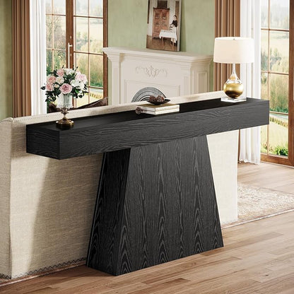 Tribesigns 63" Black Console Table, Farmhouse Entryway Table with Trapezoidal Base, Narrow Long Wood Sofa Table Behind Couch Table for Entrance, Hallway, Living Room, Black