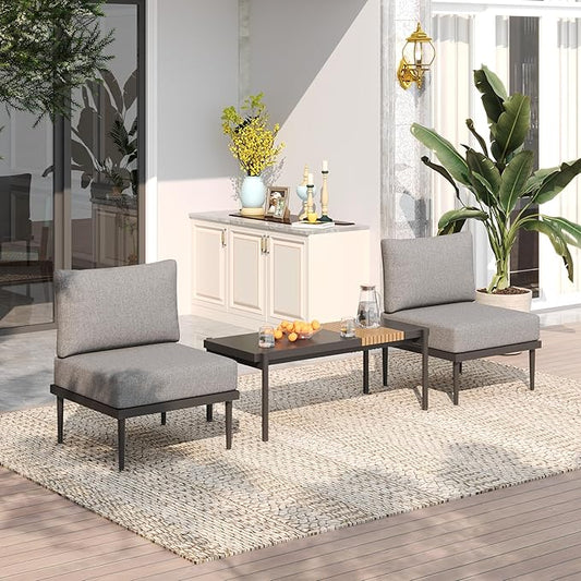 Sundale Outdoor 3 Pieces Patio Furniture Set, Metal Outdoor Sectional Sofa with 6 Inch Olefin Cushion and Coffee Table, All-Weather Modern Outdoor Conversation Sets (Grey Frame)