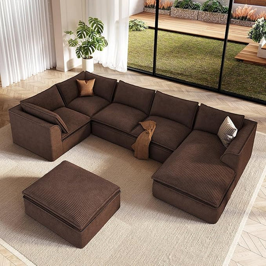 Vesgantti 141.7" Oversized Boneless Sectional Couch, 7 Seater Modular Sofa with Chaise & Ottoman & Armrest, Deep Seat Corduroy Cloud Couches for Living Room, No Assembly Required, Dark Brown