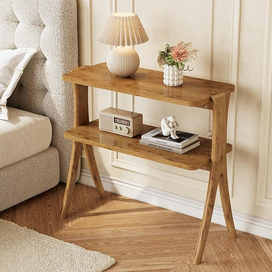 LITTLE TREE Narrow Side Table, 2-Tier Farmhouse End Table with Solid Wood Legs, Small Side Table, Space-Saver for Living Room, Bedroom, Entryway (Light Walnut)