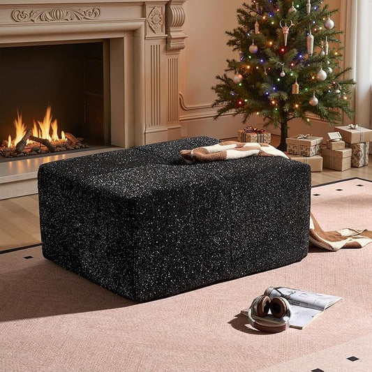37.8" Glitter Velvet Ottoman for Couch, Memory Foam Cloud Boneless Sectional Couch for Living Room Foot Stools No Assembly Require (Sparkly Velvet, Black)