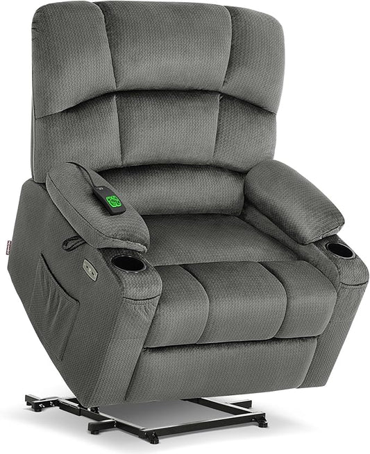 MCombo Oversized Dual Motor Power Lift Recliner Chair Sofa with Massage and Heat for Big Elderly People, Infinite Position, USB Ports, Fabric R7677 (Grey, Medium-Oversize)