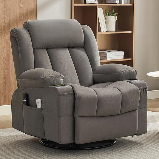 Power Swivel Rocker Recliner Chair with Heat and Massage, USB and Type-C Charging Port, Electric Glider Rocking Chairs, Oversized Recliner Chairs for Adults(Fabric, Grey)