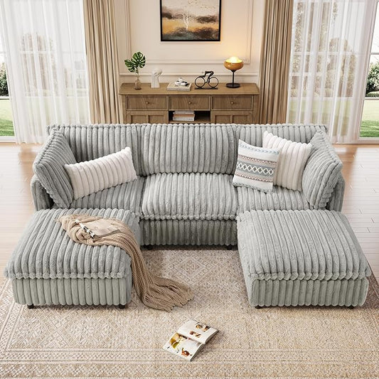 KKL Modular Sectional Couch for Living Room, U Shaped Corduroy Couches with 2 Ottomans, 5 Seater Oversized Sofa Convertible to L Shaped, Soft Fabric Modern Sofa, Grey