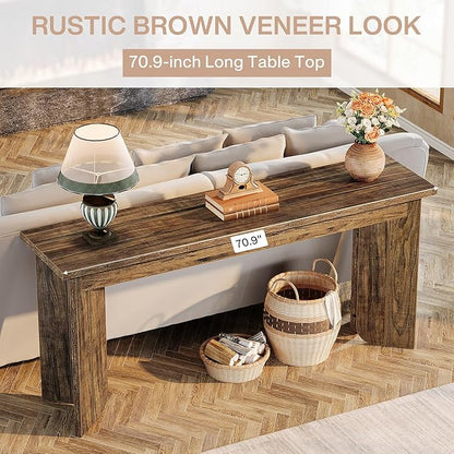 Tribesigns 70.9-Inch Extra Long Console Table, Farmhouse Sofa Console Table with Widened Tabletop, Entryway Accent Tables with Sturdy Double Pedestal for Living Room (Rustic Brown)